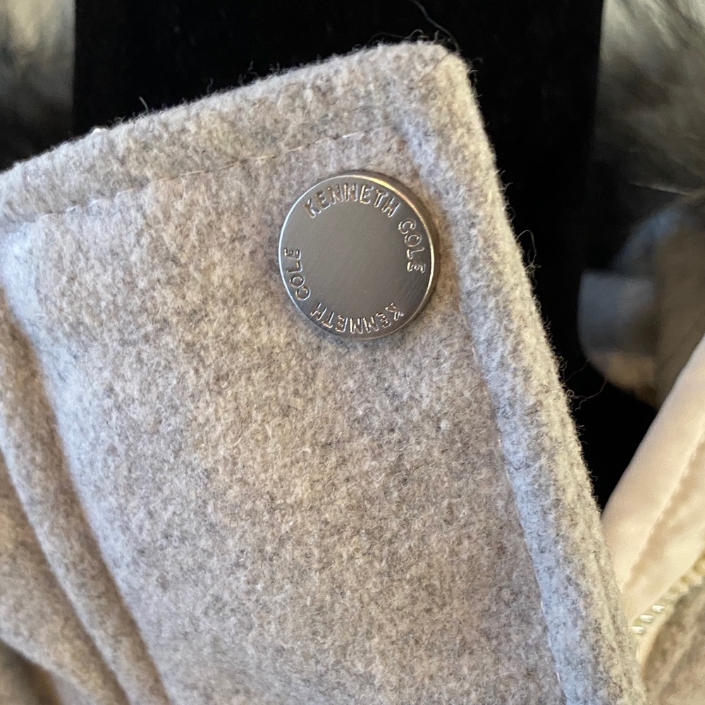 Kenneth Cole Cream and Gray Puffer Jacket with Faux Fur Hood - Picture 2 of 9